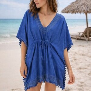 Debbie Katz South Beach Blue Cotton Gauze Pom Pom Kaftan Cover Up Womens Medium